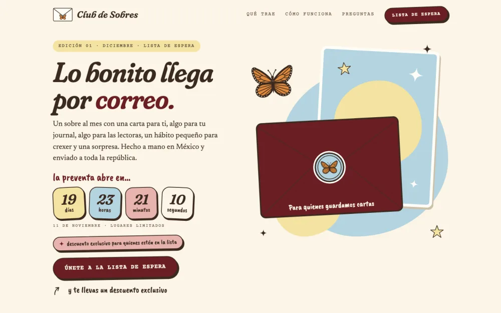 Club de Sobres — Landing de preventa. Landing page de lista de espera para una suscripción mensual de papelería hecha a mano. Cuenta regresiva a la preventa y registro con descuento exclusivo.