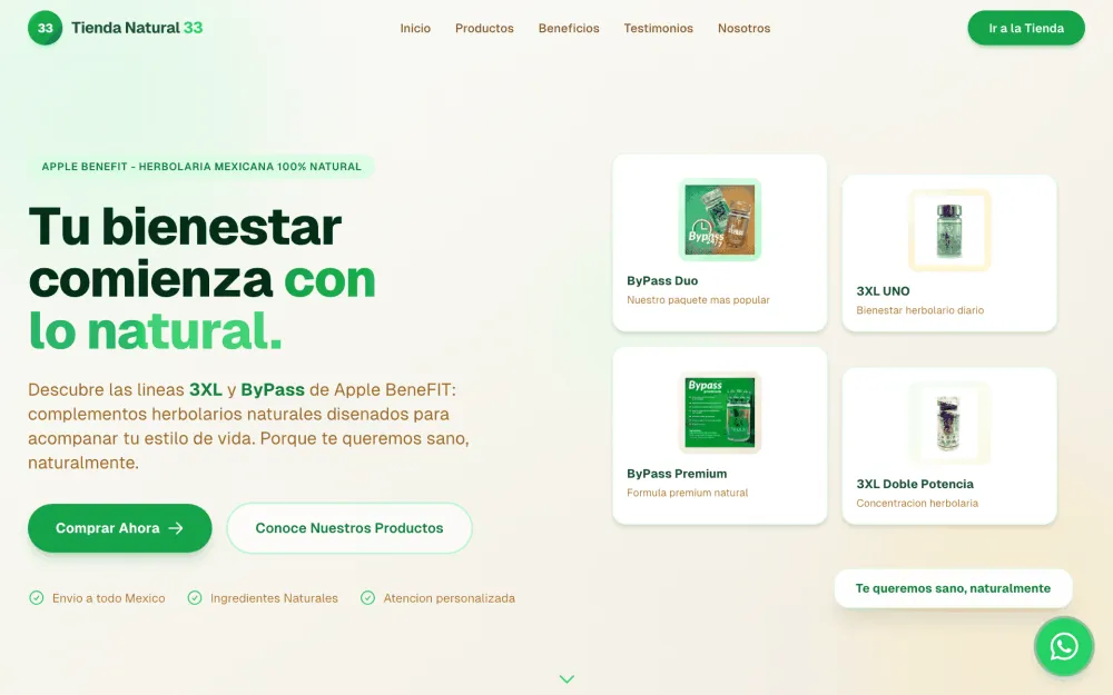 Tienda Natural 33 — Herbology E-commerce. E-commerce platform for a distributor of 100% natural herbal supplements in Mexico. Full catalog, optimized shopping experience and nationwide shipping.